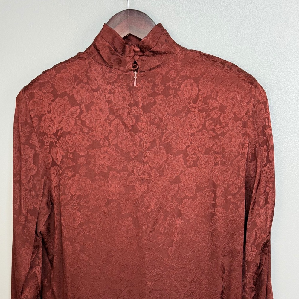 Anne Klein II Blouse Women 8 Burgundy Silk Floral Jacquard Mock Neck Vintage - Picture 11 of 13